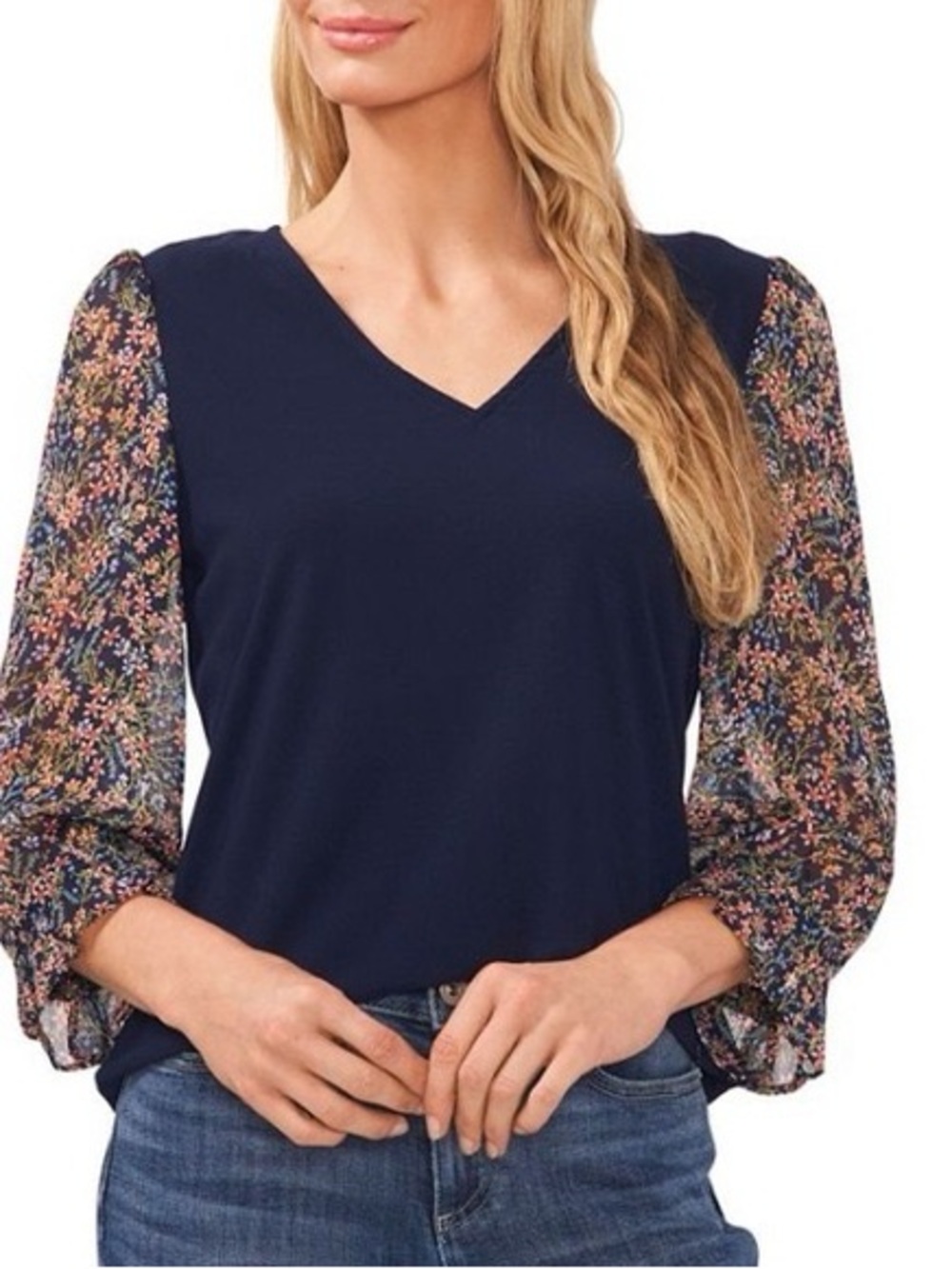 CeCe Navy V-Neck Top with Floral Sheer Puff Sleeves